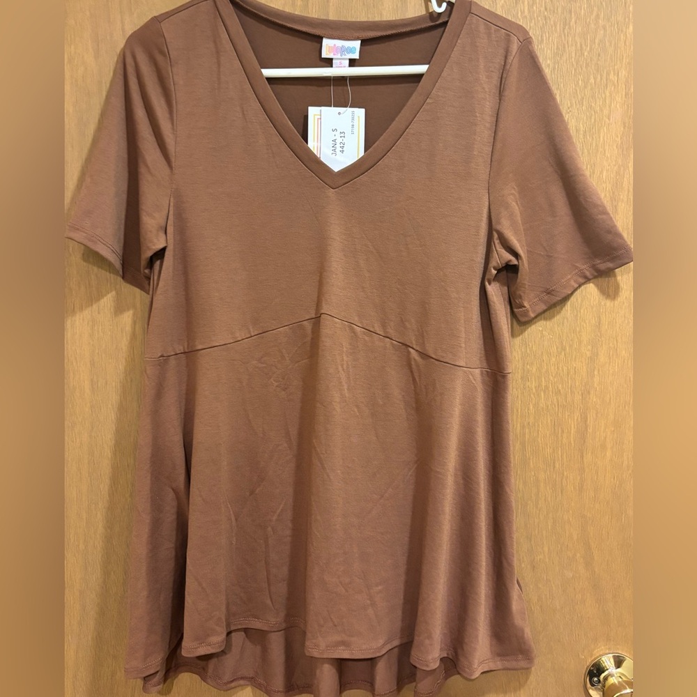 NWT LuLaRoe Jana Empire Waist Swing Too Brown V Neck Short Sleeve Small